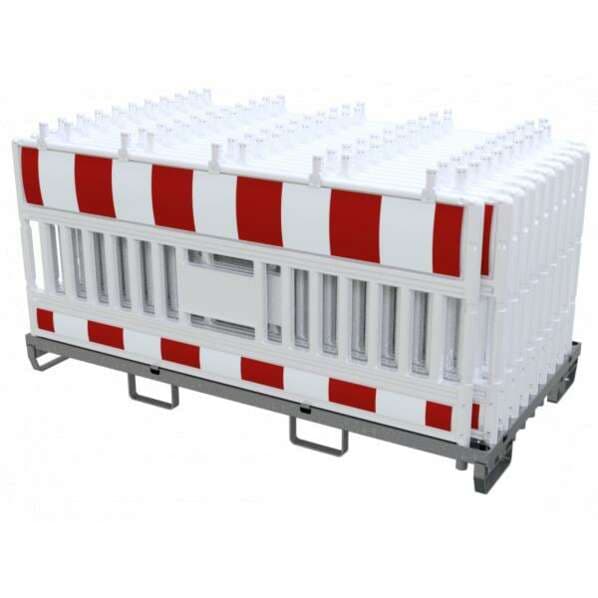 Absperrschrankengitter SET "Cronvall 7" - 20x Schrankenzaun auf Lager- und Transporttraverse Typ ULTRA - rot/weiß - Typ RA1 - mit Lampenadapter