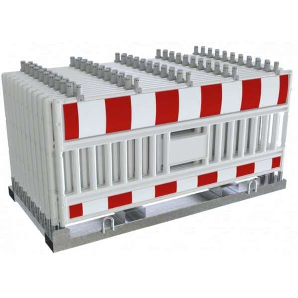 Absperrschrankengitter SET "Cronvall 8" - 20x Schrankenzaun auf Lager- und Transporttraverse Typ ULTRA - rot/weiß - Typ RA1 - mit Lampenadapter