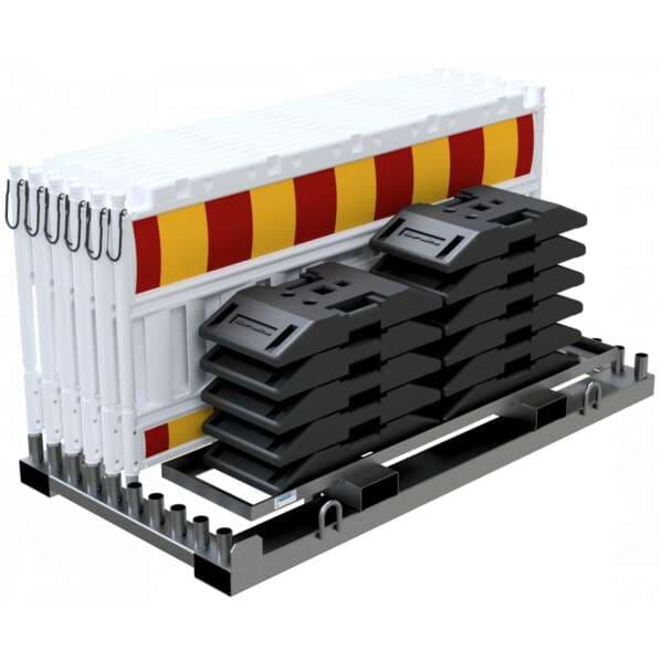 Absperrschrankengitter SET "Cronvall 1" - 10x Schrankenzaun und Zubehör auf Lager- und Transporttraverse Typ ULTRA - rot/gelb - Typ RA1 - ohne Lampenadapter